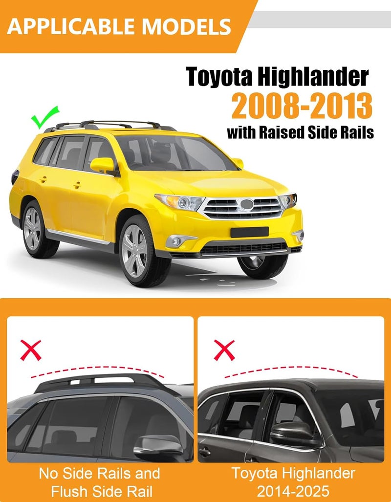 KINGGERI 300lbs Lockable Roof Rack Cross Bars Compatible with Toyota Highlander 2008-2013 with Raised Side Rails, Heavy Duty Aluminum Roof Rails Crossbars Luggage Skiboard Car SUV Accessories - Image 2